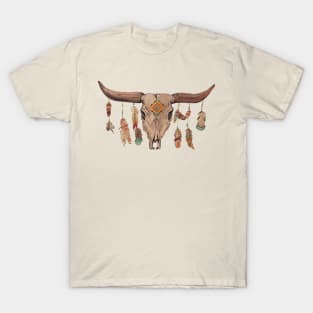 Cattle Skull With Feathers And Beads T-Shirt